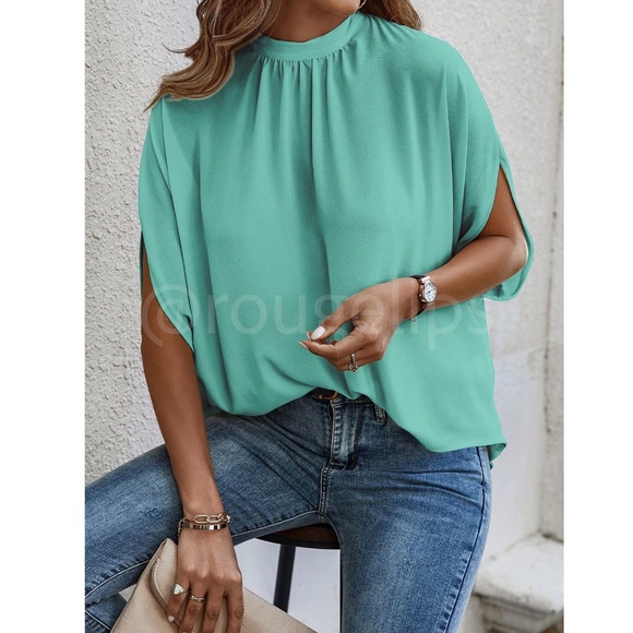 Mint Green Blouse Top Flowy, High Neck - Picture 3 of 11